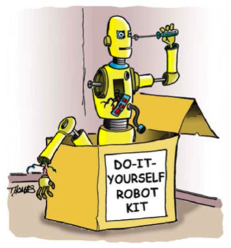 cartoon showing robot building himself